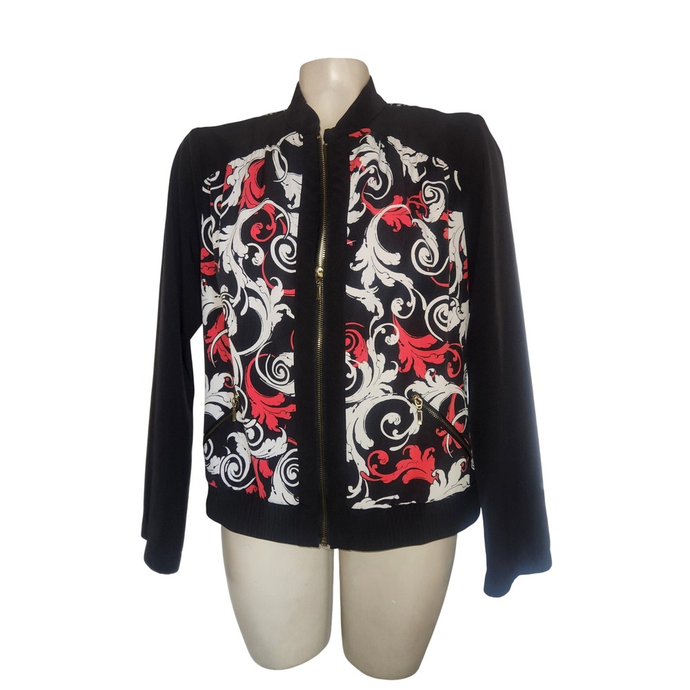 Chicos Zenergy Women 1 M Black Red Baroque Geometric Full Zip Bomber Jacket
